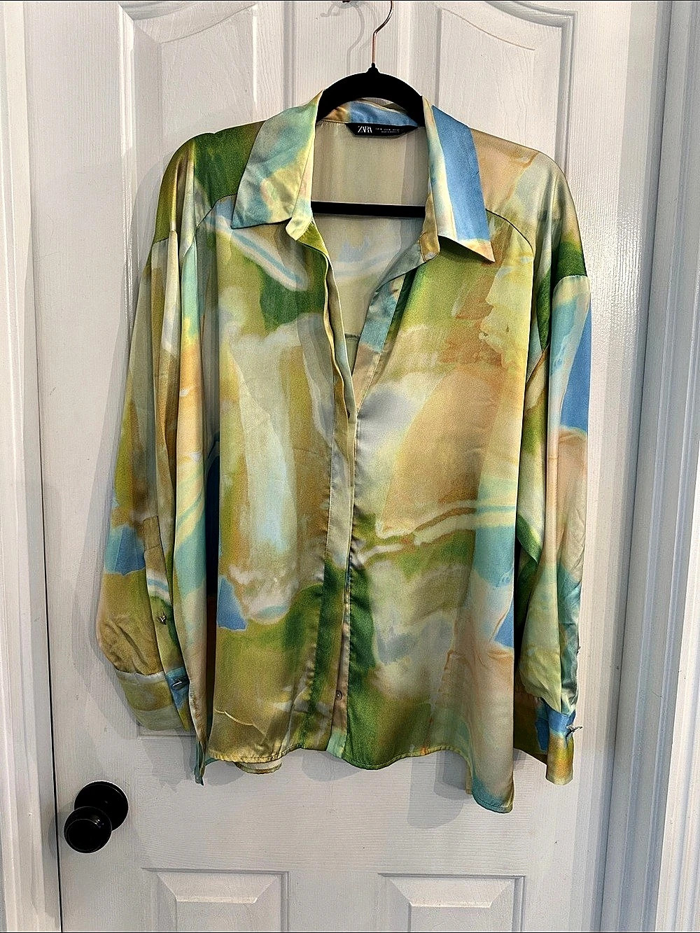 Zara Satin Women's Blue Green Printed Button up Long Sleeves Shirt Satin Blue